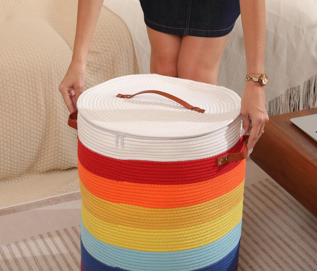 16"x20" Extra Large Cotton Rope Basket with Zipper Lid, Woven Laundry Hamper and Blanket Storage Basket, Round