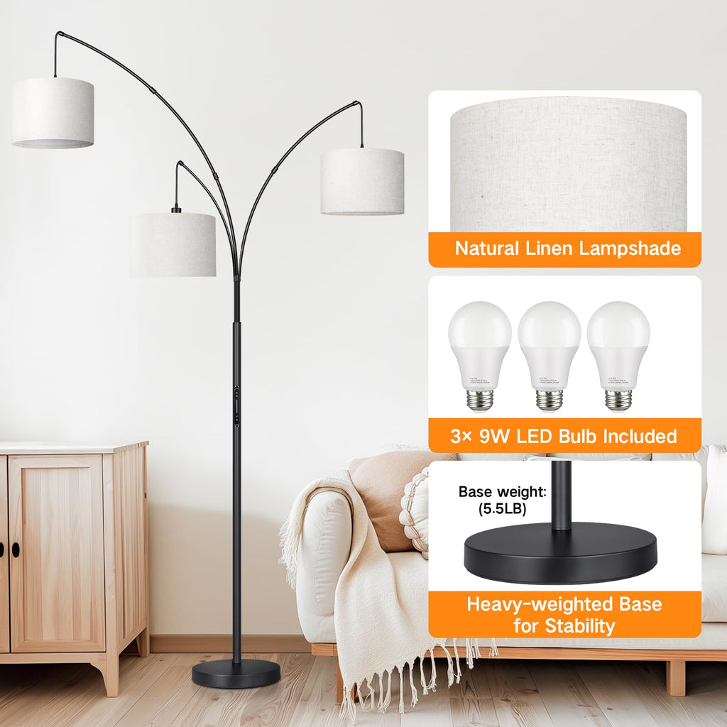 Arc LED Floor Lamp with Remote & Touch Control, Dimmable Modern Black 3 Light Arched Tall Floor Lamp, Mid Century
