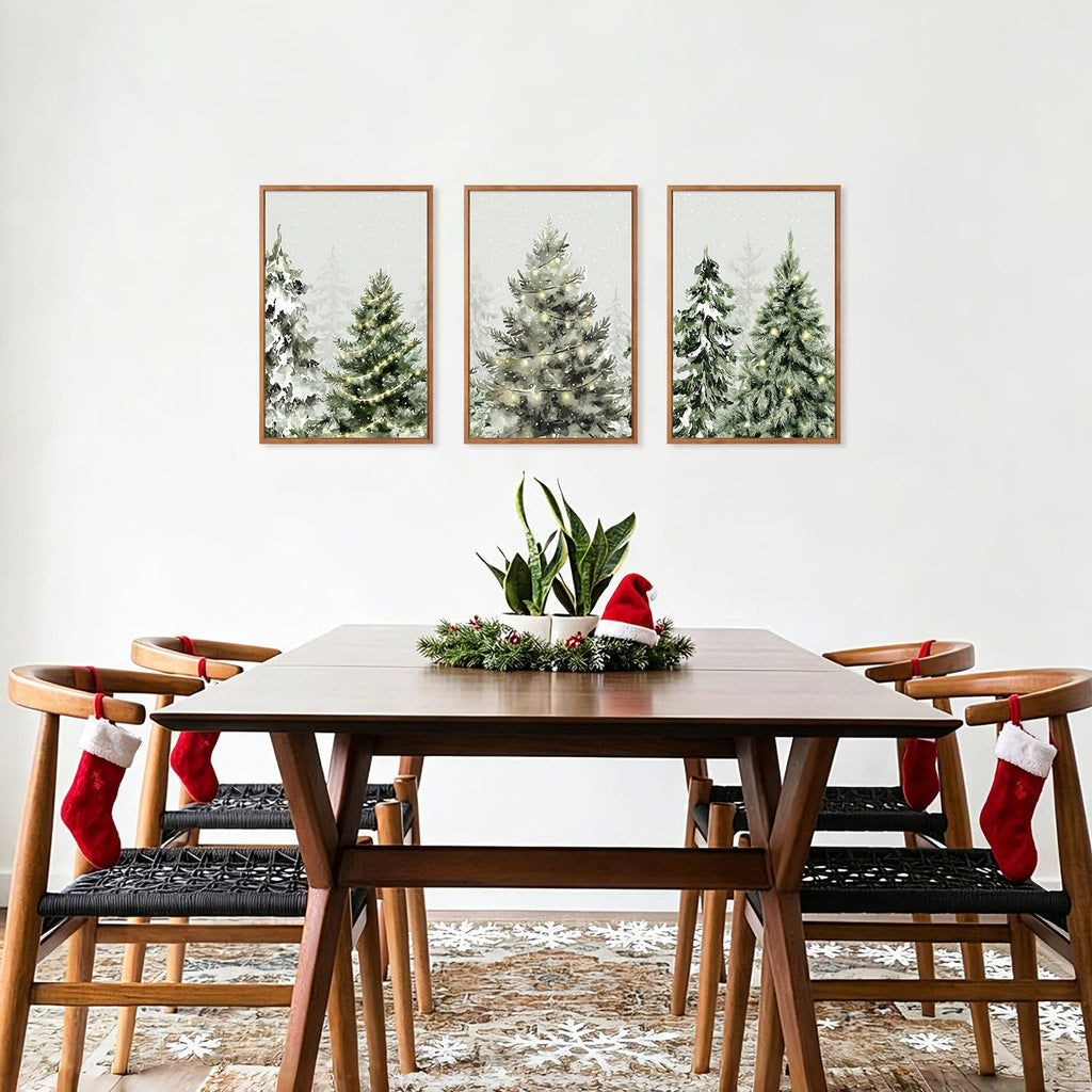 Framed Christmas Tree Wall Art, Winter Snow Forest Pine Tree Decor