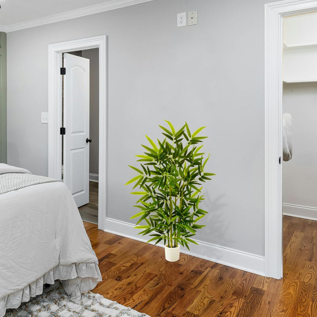 Artificial Bamboo Tree 4ft Green Faux Plant with White Planter