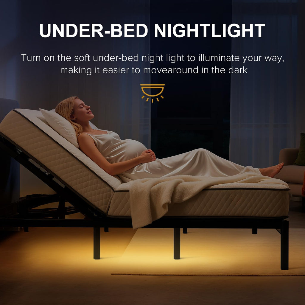 Queen Adjustable Bed Frame with Massage, Head & Foot Incline, Wireless Remote, Dual USB Ports & LED Night Light