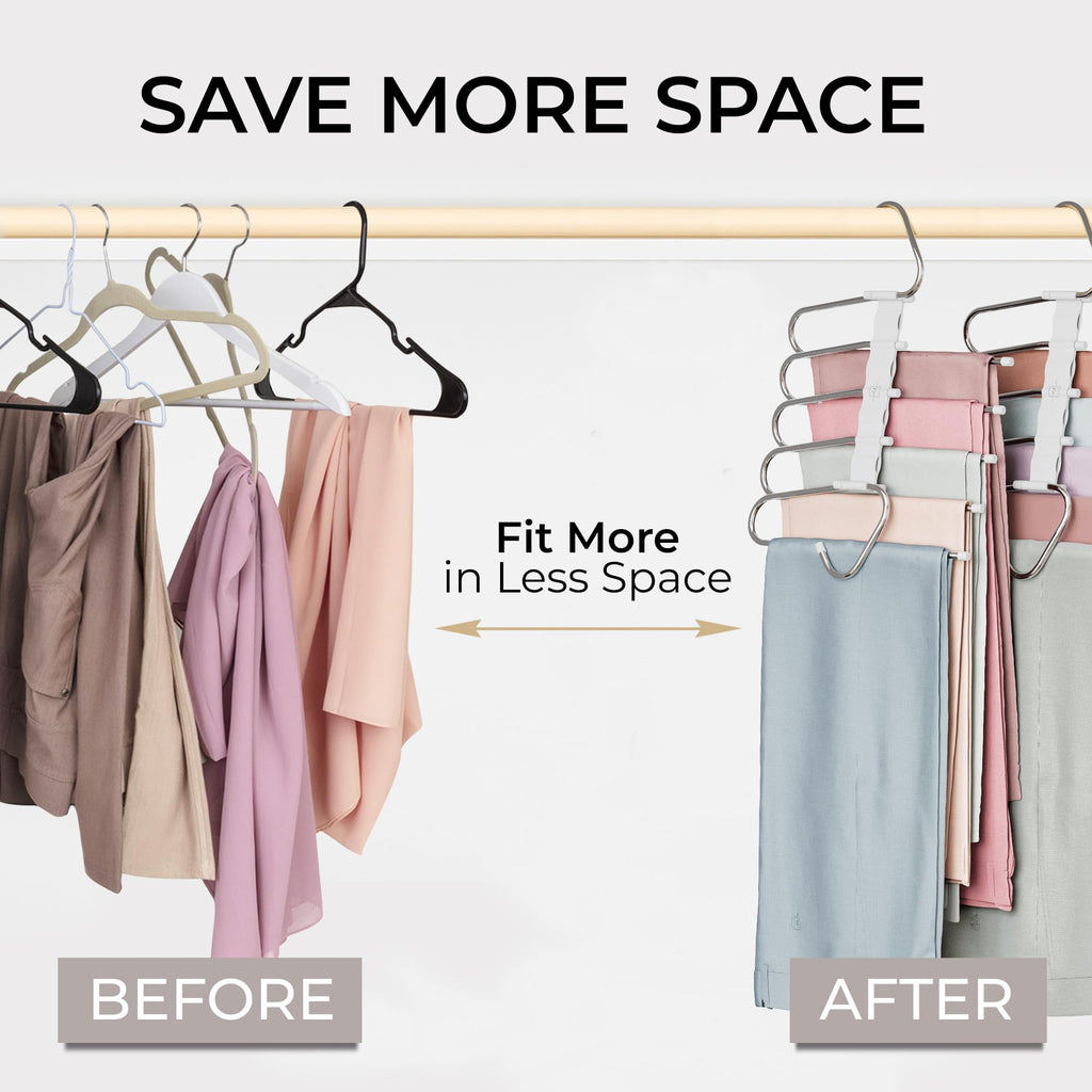 Pants Hangers Space Saving - 4 Pack - Non-Slip Multi-Layer Space Saving Hangers - Multifunctional Clothing Rack for