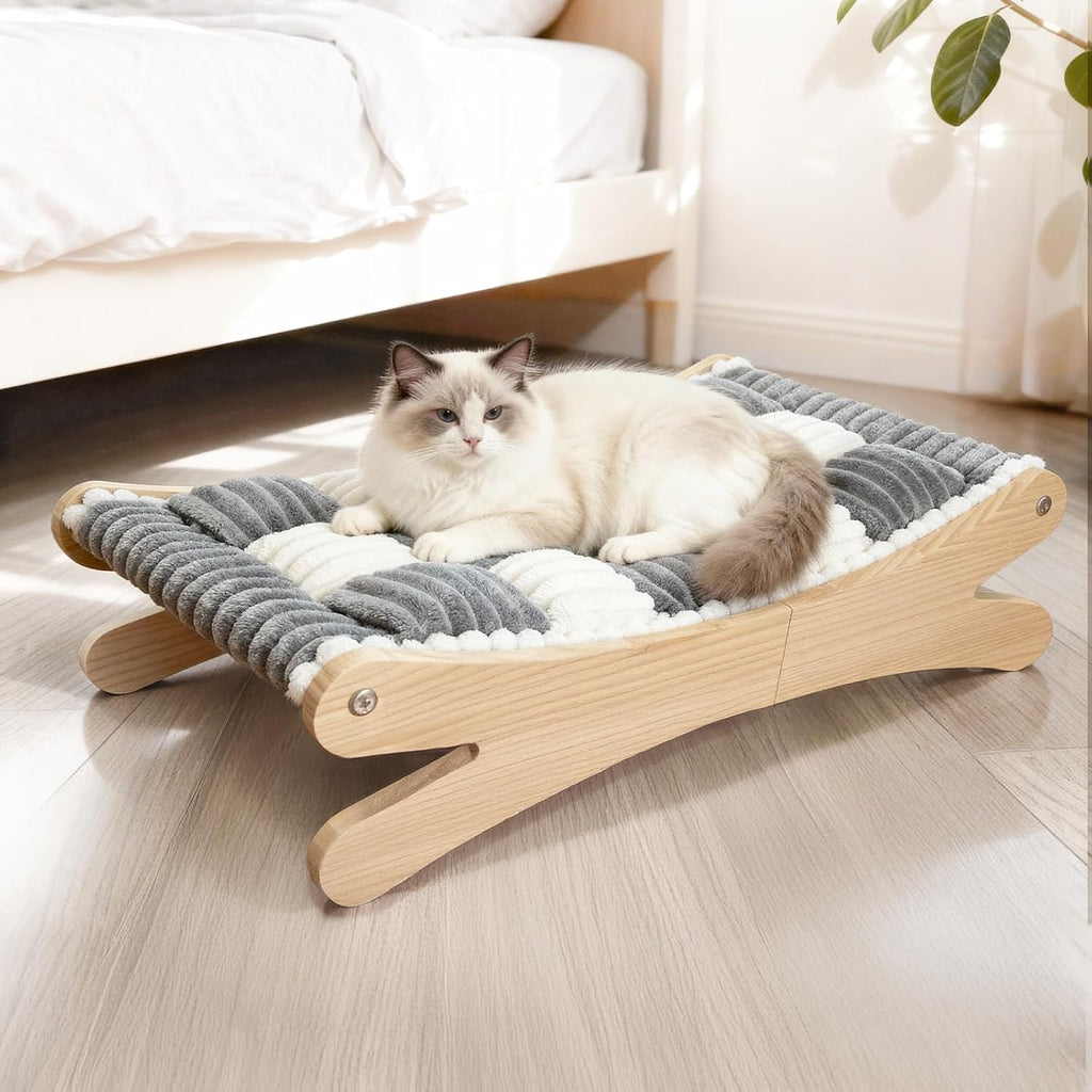 Plush Elevated Cat Bed - Cozy Raised Cat Hammock with Solid Wood Frame, Soft Furry Cushion for Indoor Cats & Small