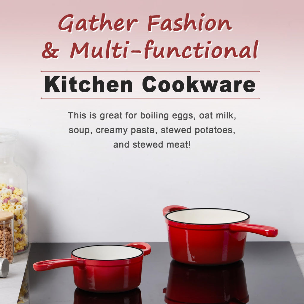 Enamel Cast Iron Saucepan Set, Dutch Oven Cookware Kit, Red