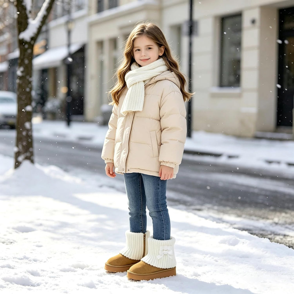 Girls Winter Snow Boots Knit Cuff Ribbon Bow