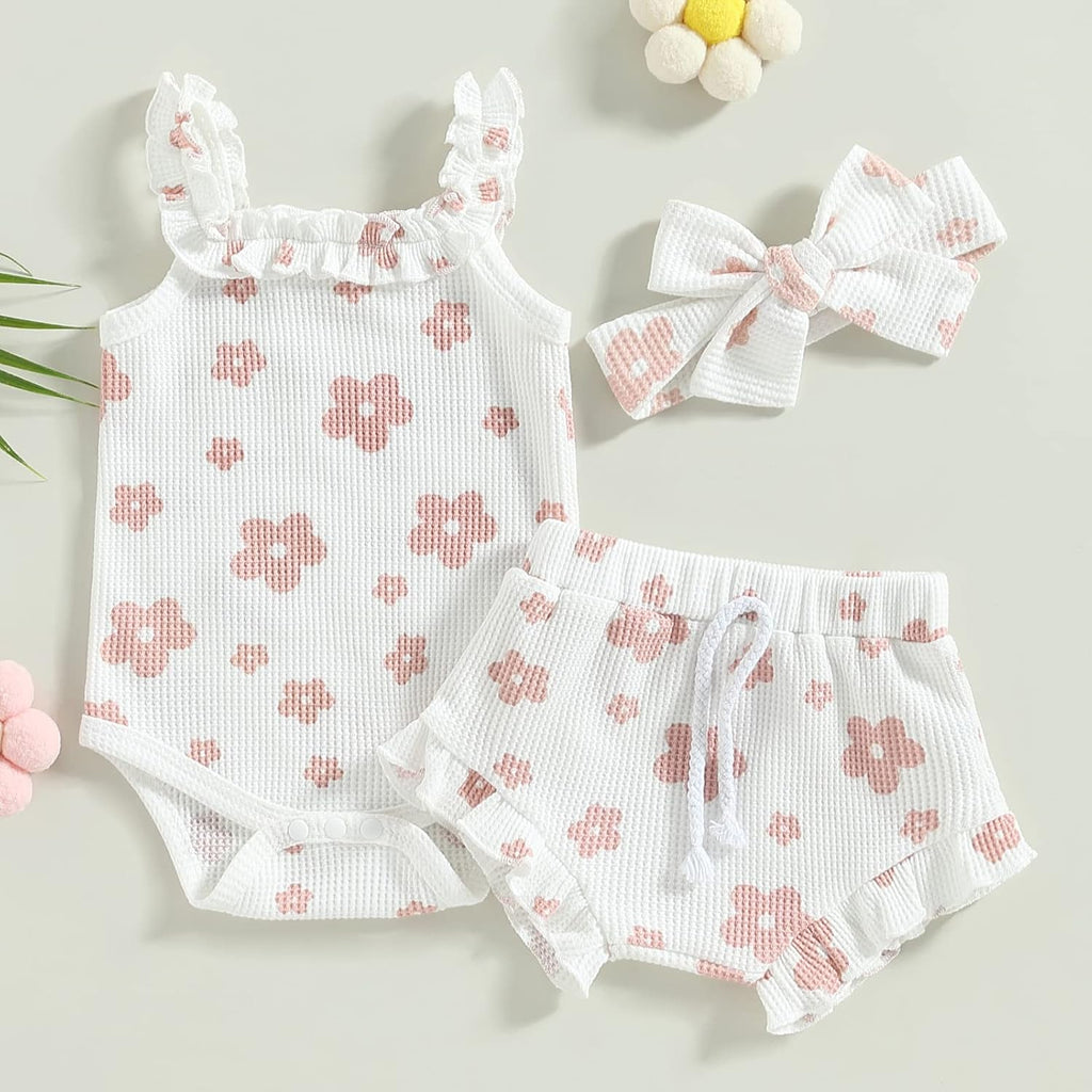 Newborn Baby Girl Clothes Floral Sleeveless Romper Bodysuit + Ruffle Bloomers Shorts Infant Summer Outfits Set