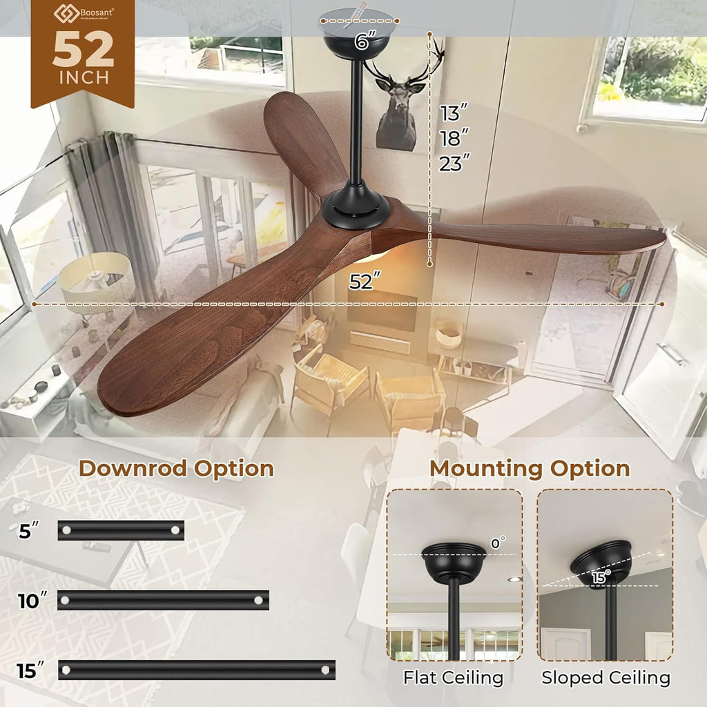 Inspired Maverick Style 52" Wood Ceiling Fan with Light and Remote, 3 Dark Walnut Blades, Reversible DC Motor, Indoor/Outdoor - Matte Black