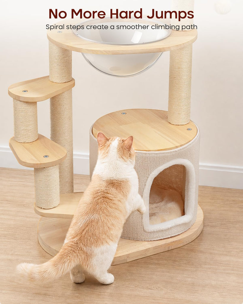 Solid Wood Cat Tree for Kitten & Munchkin, Modern Cat Tower with Low-Rise Steps, Indoor Multi-Level Aesthetic Boho