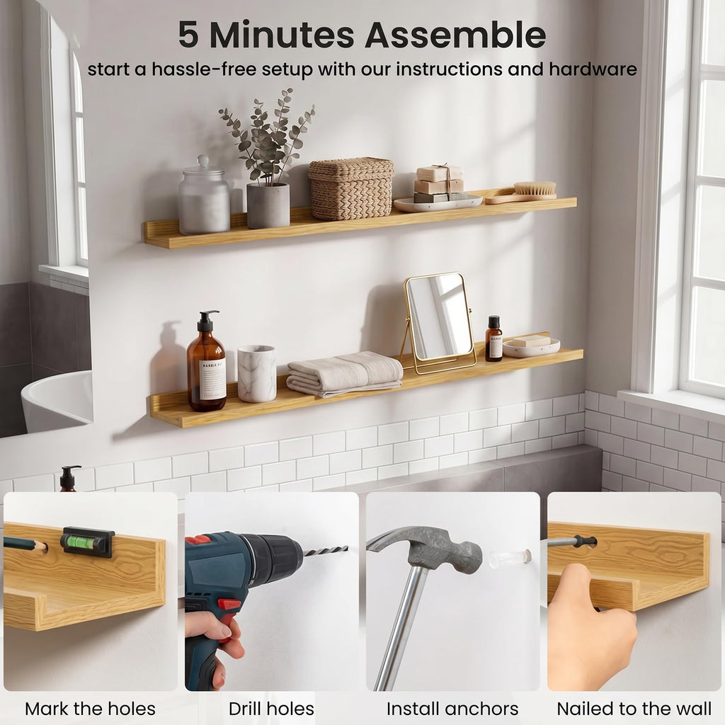 40 Inch Floating Shelves, Oak Picture Ledge Shelf Set of 4