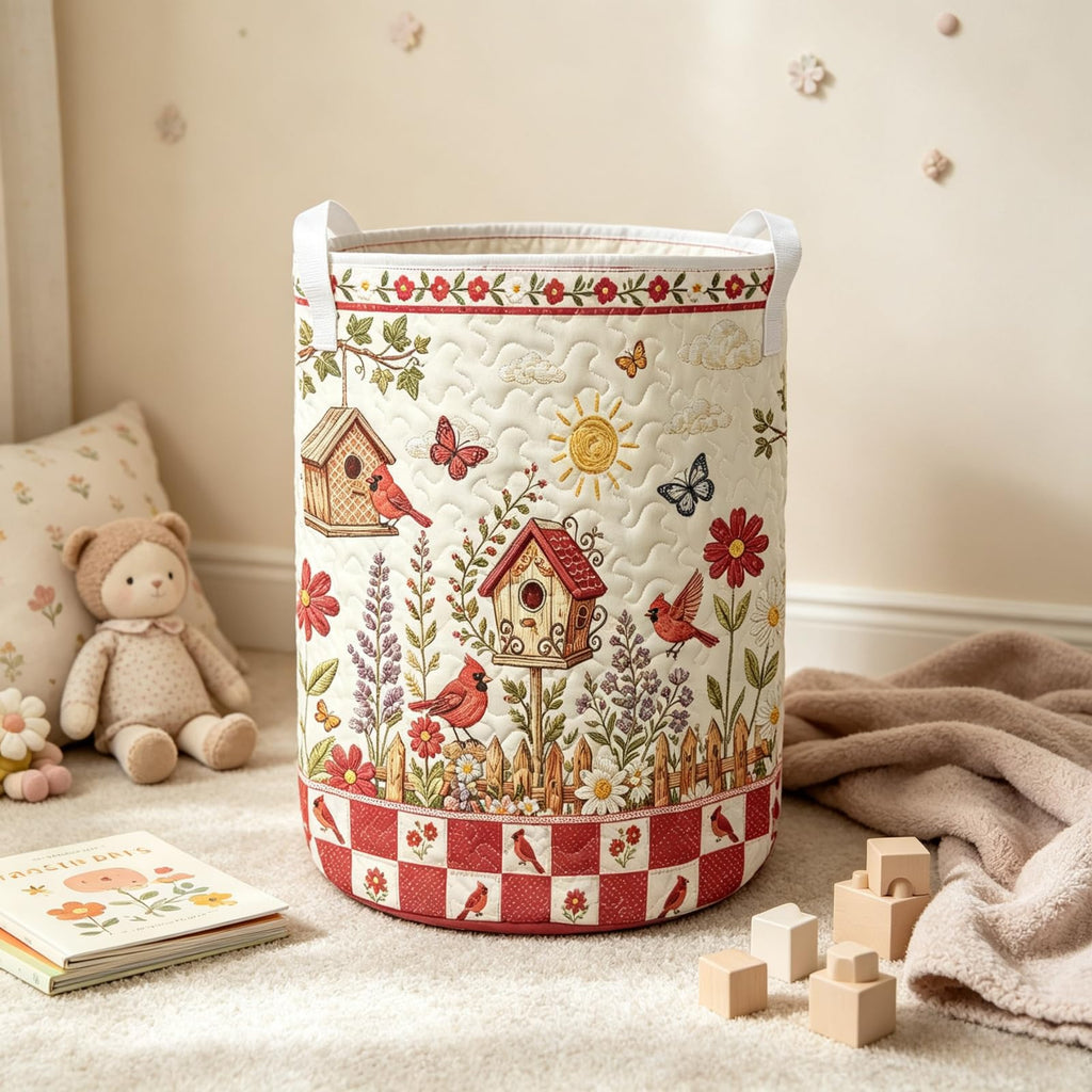 Cardinal Farmhouse Quilted Laundry Hamper, Vintage Storage Basket
