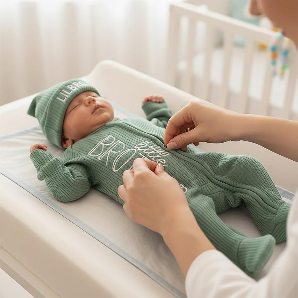 Newborn Baby Boy Outfits Zippered Romper Letter Embroidered Coming Home Jumpsuit with Hat Mittens