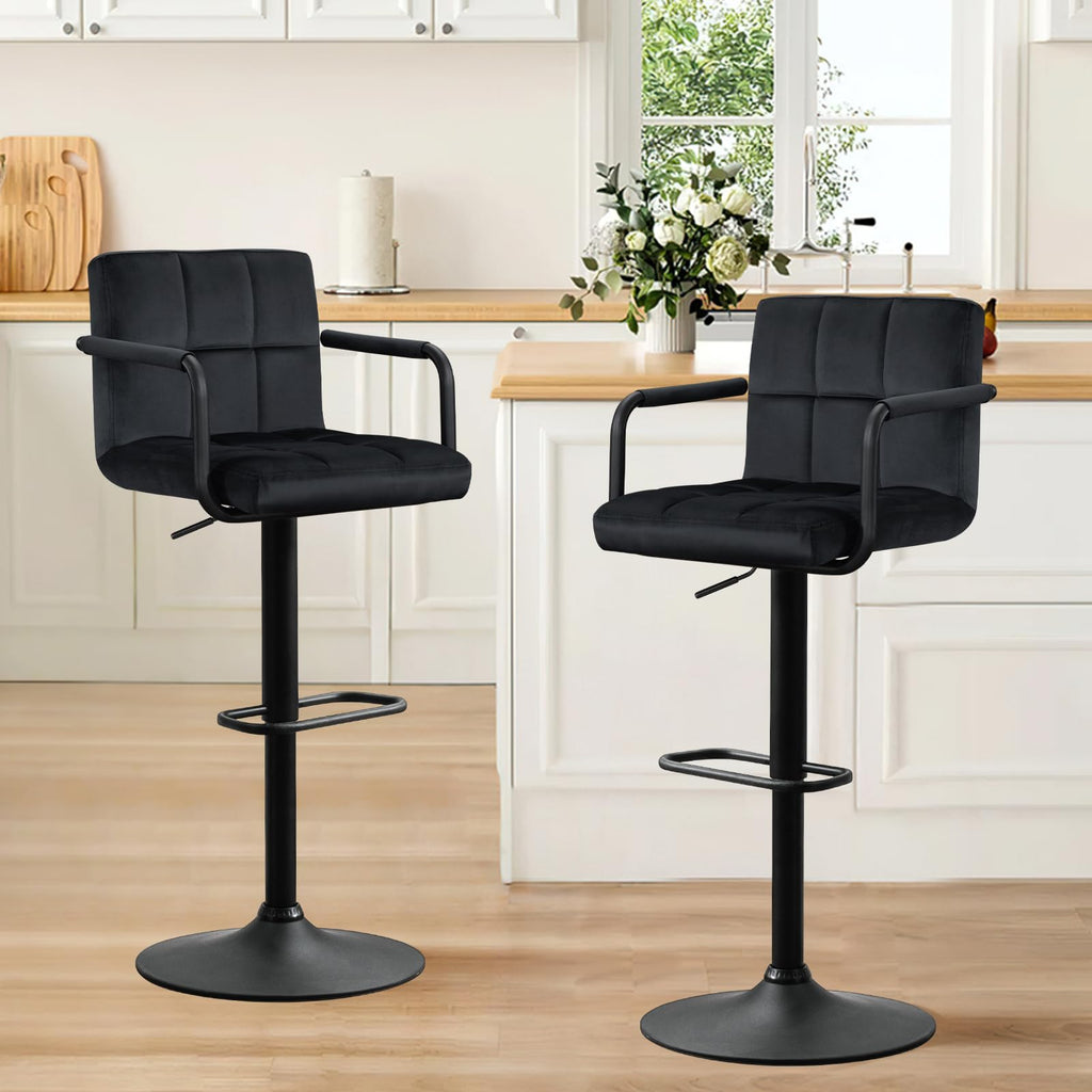 Adjustable Barstools with Back, Black bar stools Set of 2, Velvet 360°Swivel Bar Stools, Double Stitching Counter