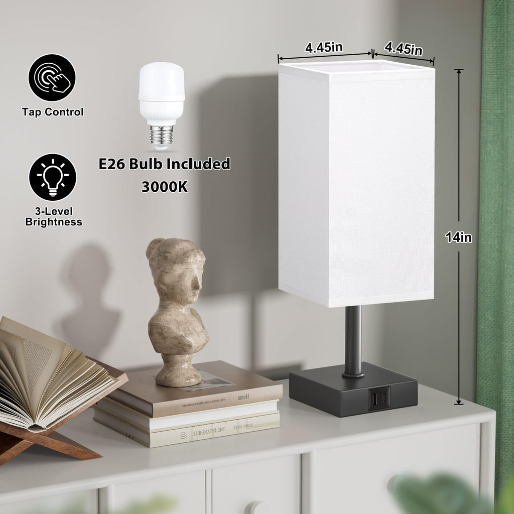 Touch Table Lamp - Dimmable, USB C+A, White Lamphade Black Base