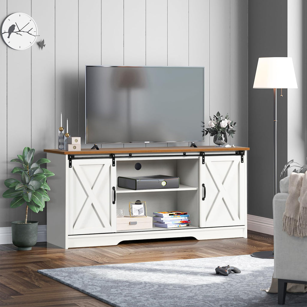 Farmhouse TV Stand for 65 Inch TV, Sliding Barn Doors, White