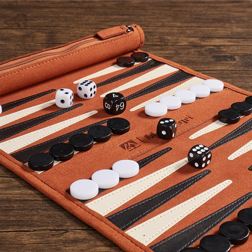 Travel Backgammon Set, Roll-Up Leather Board Game - Set of 500