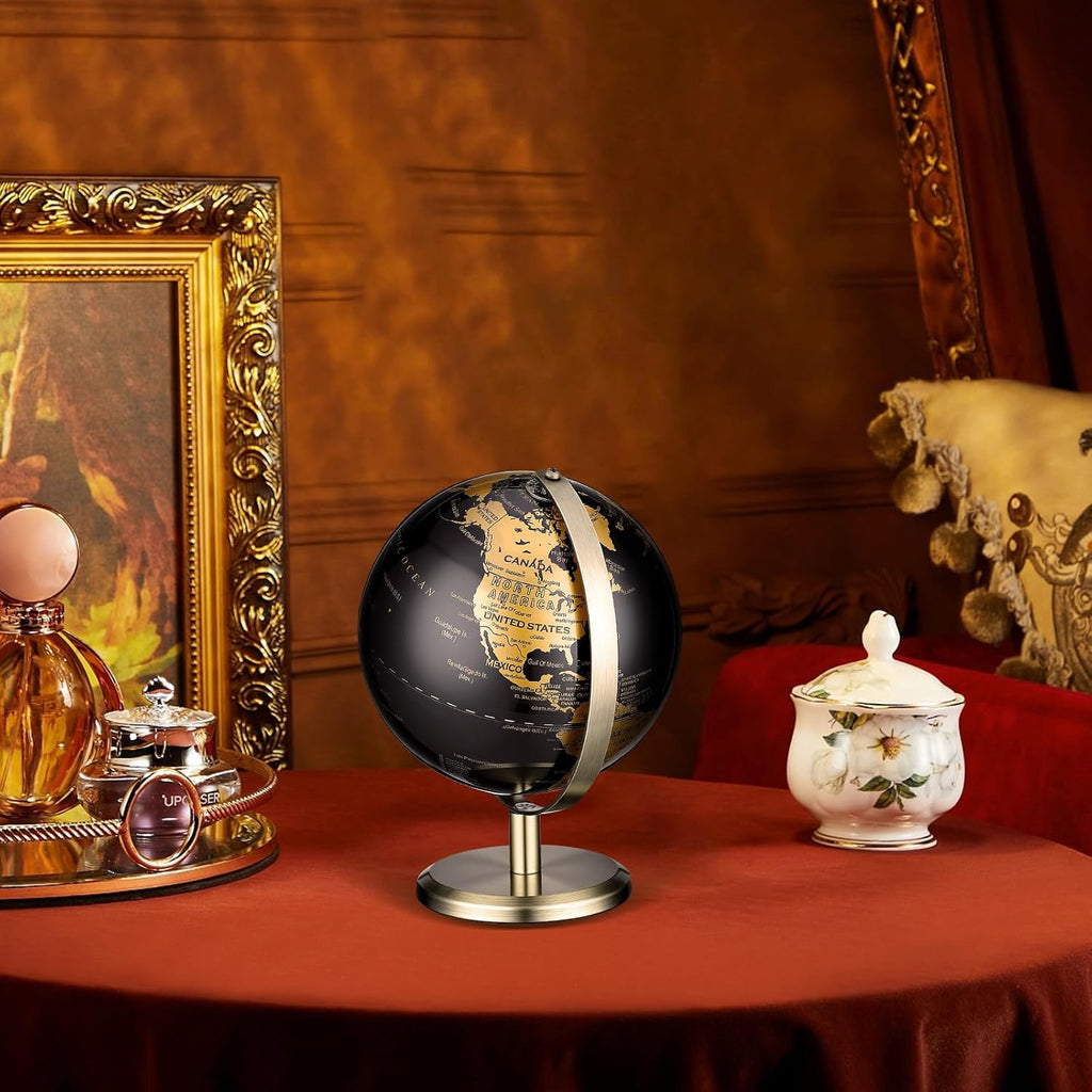 World Globe with Metal Stand - 6 inch Black Gold Small Desk Globe for Adults Home Office Desktop Decor, Luxury Style