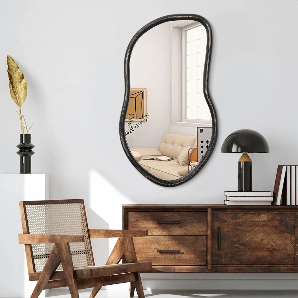Asymmetrical Wood Mirror Irregular Wall Mirror Large Bathroom Mirror for Over Sink Rustic Black Wall Mounted Mirror
