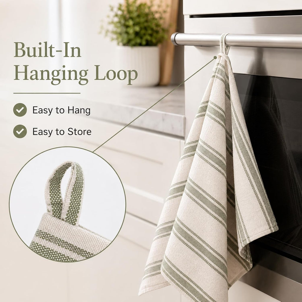 4 Pack Rustic Cotton Linen Kitchen Towels 27.2 x 17.3 inch Natural Farmhouse Sage Green Stripe Dishcloths Absorbent