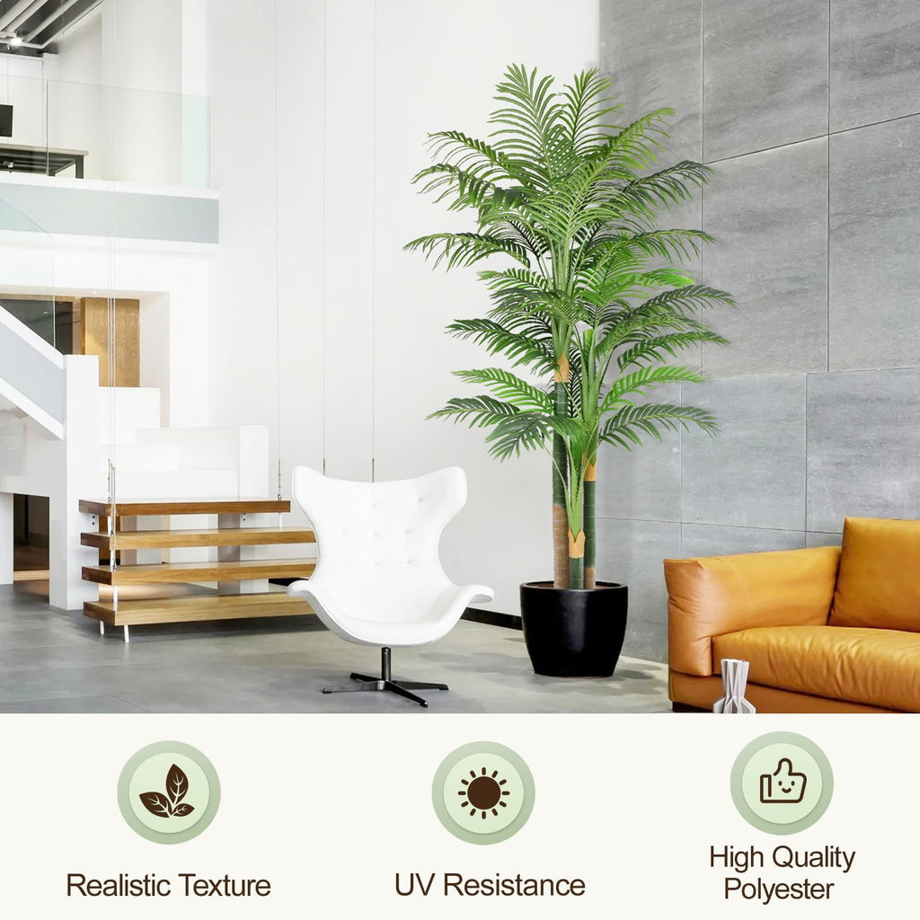 7ft Tall Triple Golden Cane Palm Artificial Tree Large Tropical Palm Tree UV Resistant Fake Plant in Pot for Indoor