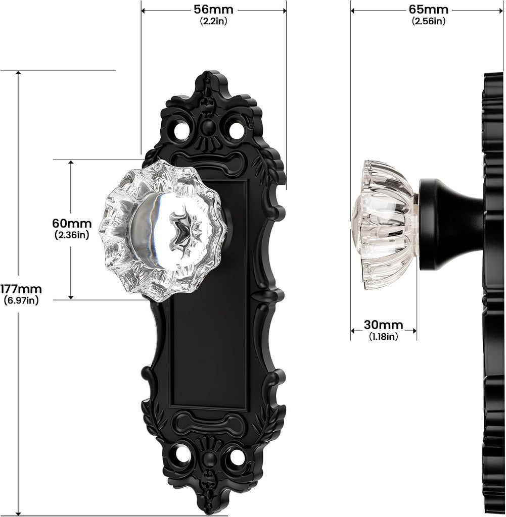 2 Pack Antique Crystal Glass Dummy Door Knobs Interior, Matte Black