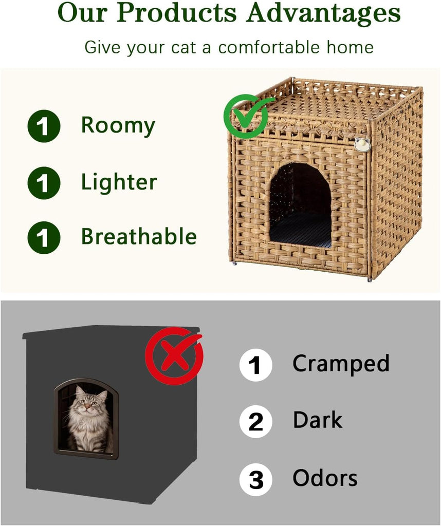 Cat Litter Box Enclosure Furniture, Hidden PE Rattan, Natural