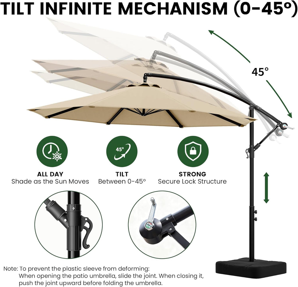 10FT Patio Umbrella with Base, Cantilever Offset Outdoor Umbrella with 360° Rotation, Infinite Tilt