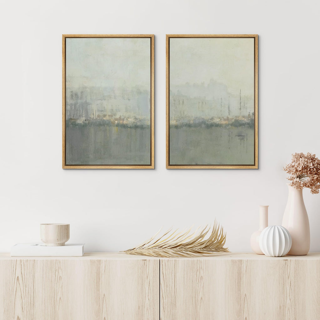 Framed Canvas Print Wall Set Abstract Skyline Cityscape in Muted Gray and Soft Blue Tones Illustrations Modern