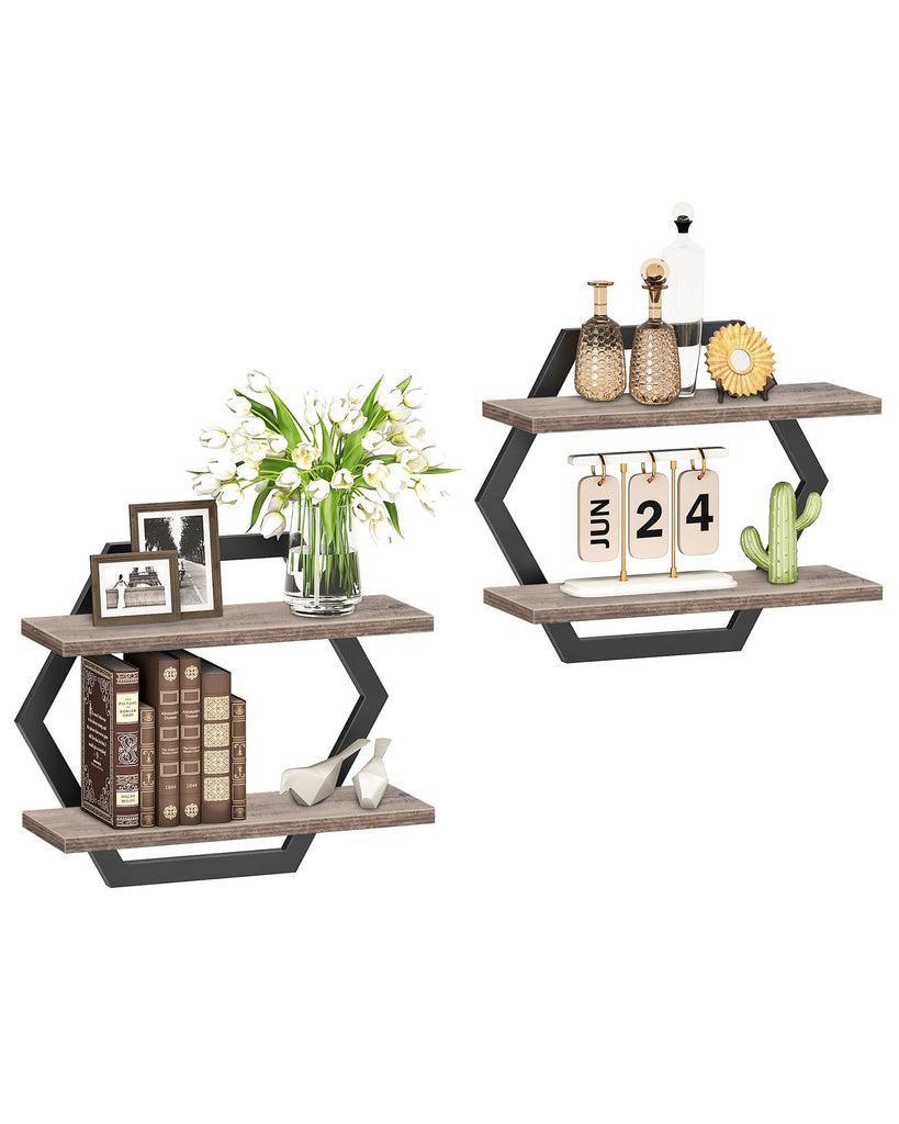 Hexagon Floating Shelves for Wall, Set of 2, 2 -Tier Hanging Shelves, Wall Mounted Storage Shelves, Study, Greige