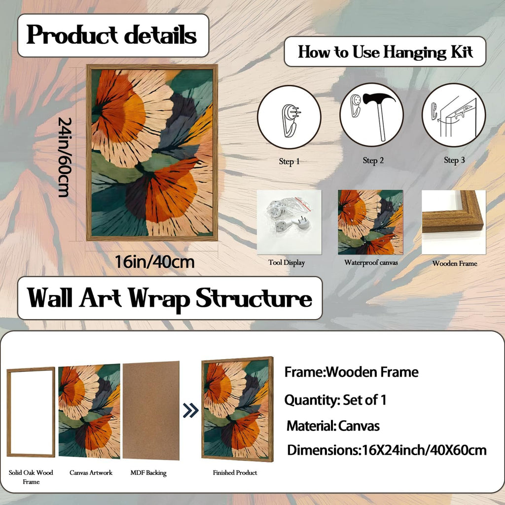 Framed Abstract Floral Wall Art, Boho Vintage Flower Pictures Wall Decor, Mid Century Modern Botanical Paintings