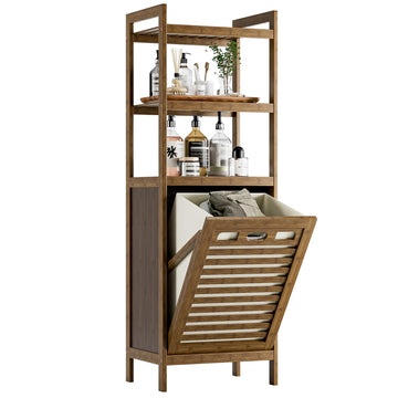 Bamboo Tilt Out Laundry Hamper, Bathroom Storage Cabinet with Hidden Removable Basket and 3 Open Shelves, Space