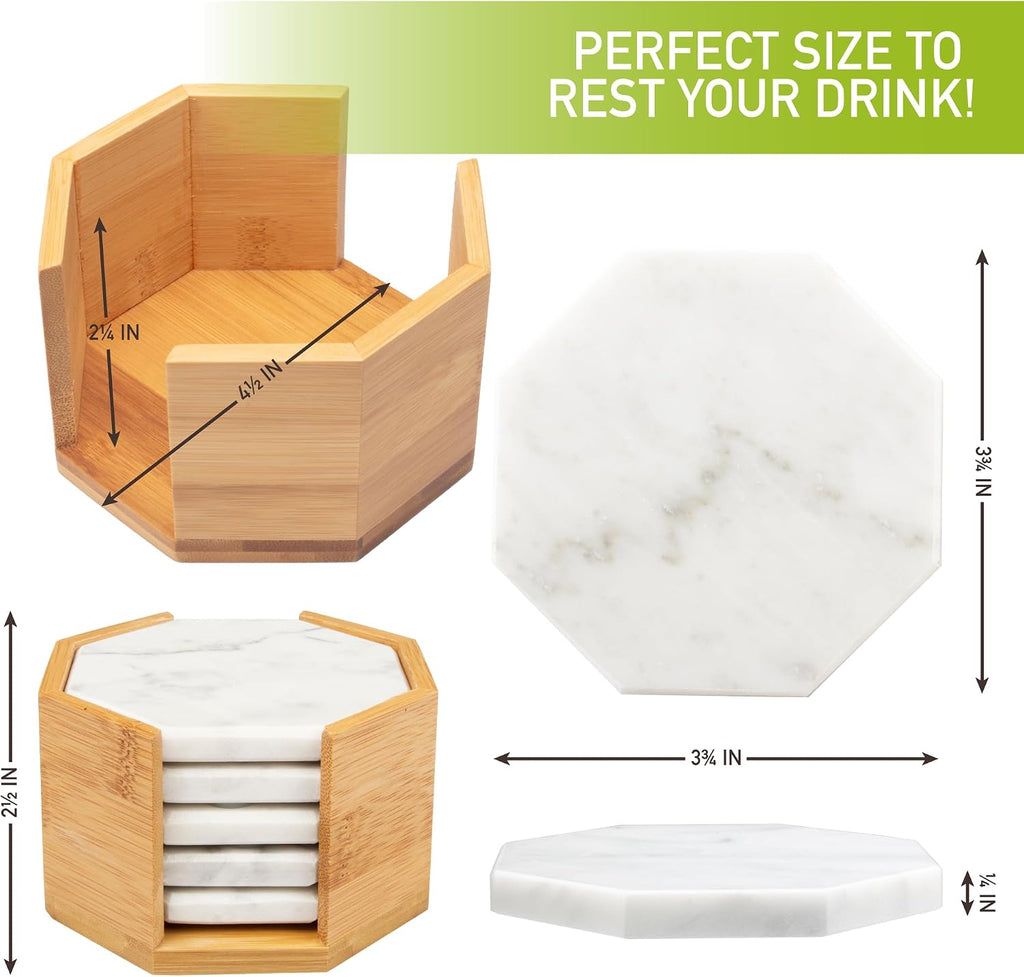White Carrara Marble Tabletop Coasters with Storage Holder - Set of 5