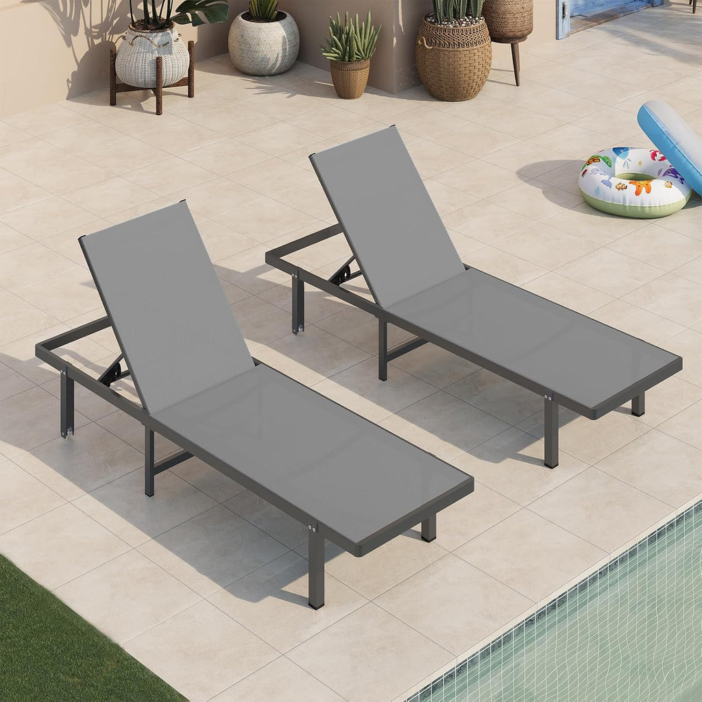 Outdoor Lounge Chairs Set of 2, Aluminum Pool Lounge Chairs with Wheels and 5-Position Recliner -Easy to Move- Patio