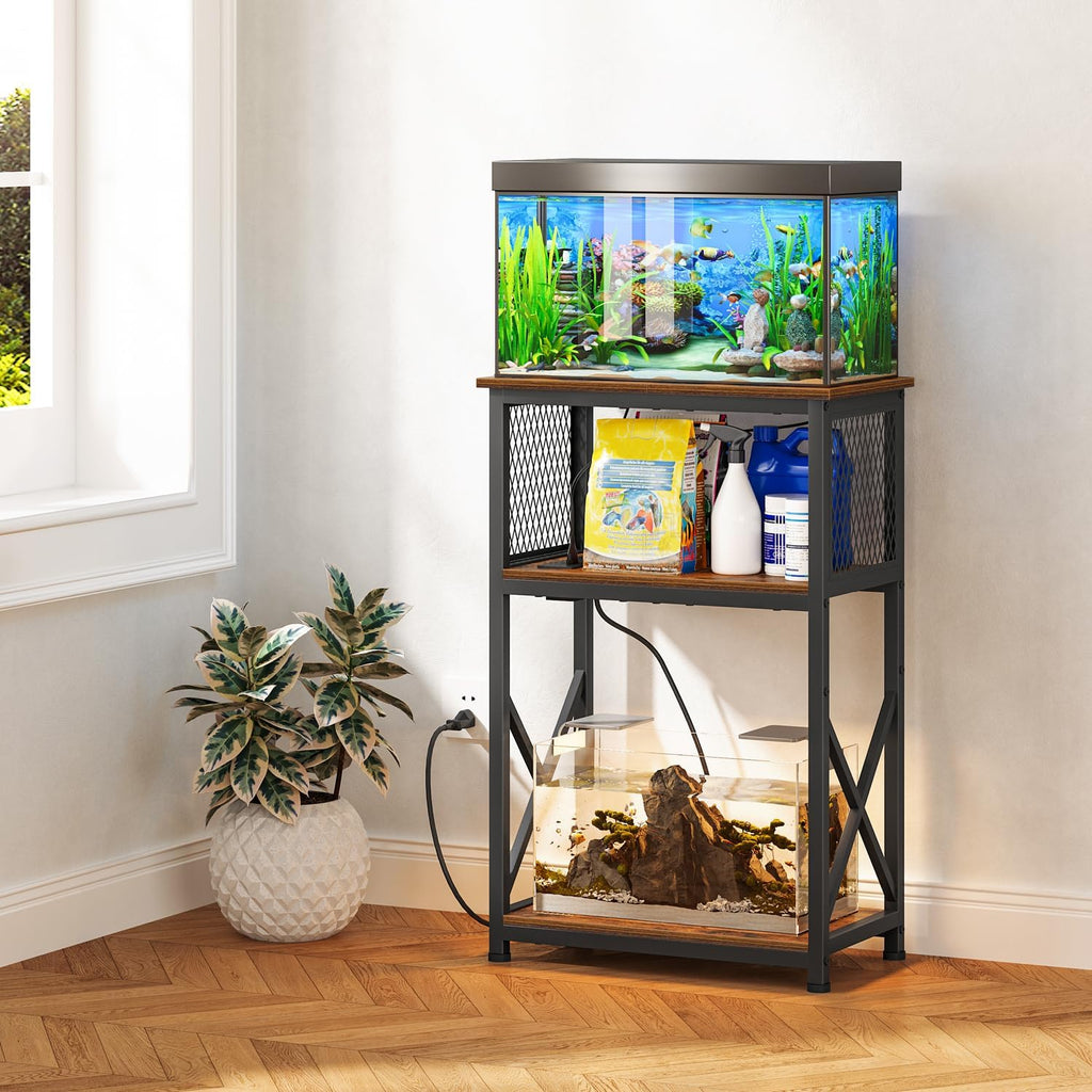10 Gallon Fish Tank Stand with Power Outlets, Aquarium Stand with Storage, 3 Tier Heavy Metal Reptile Tank Stand Fish