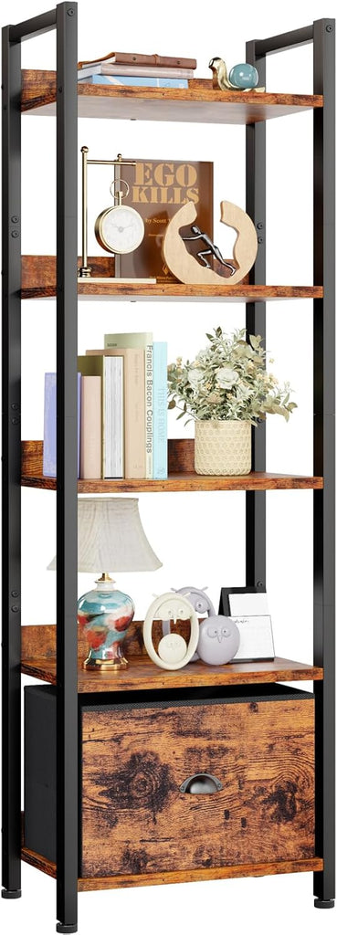 5 Tier Bookshelf with Drawer, Tall Narrow Bookcase with Shelves, Wood and Metal Bookshelves Storage Organizer