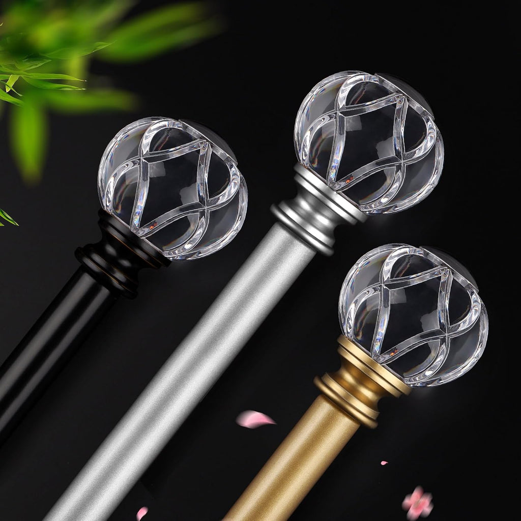 1 Inch Curtain Rod for Windows, Silver Telescoping Decorative Drapery Rods with Acrylic