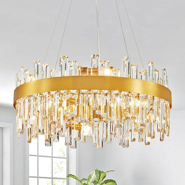 Modern Crystal Chandeliers, 10-Light Round Hanging Pendant Lighting Fixture for Dining Room, Living Room, Kitchen Island, Clear Crystals with Gold Frame, D23xW23xH19 A100-B0DSFB8R5K