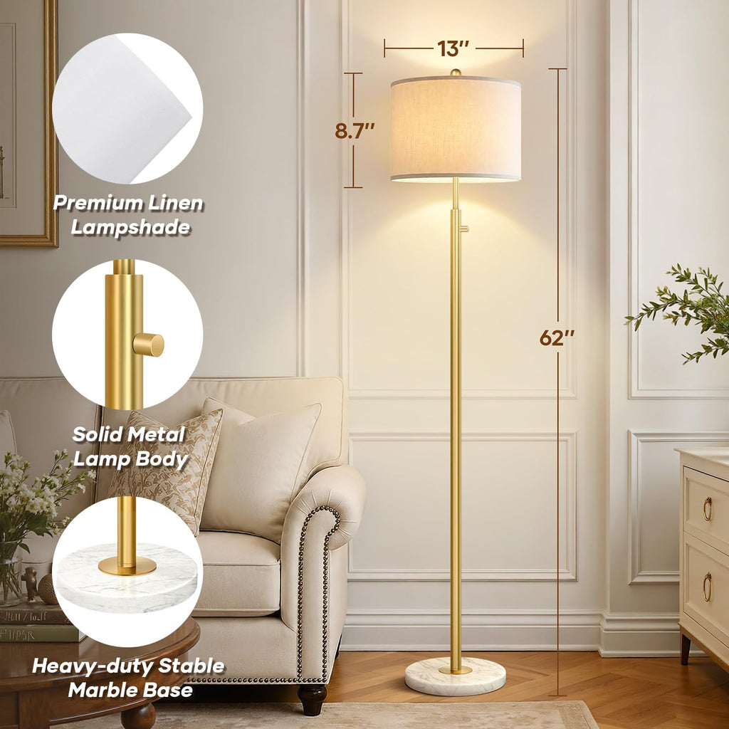 Dimmable Gold Floor Lamp, Turkish Marble Base, White Linen Shade