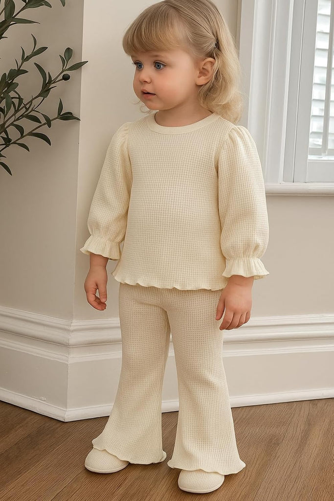 Toddler Girl Fall Outfits piece Baby Lantern Sleeve Shirt and Flared Pant Clothes Set Waffle Clothing for Girls