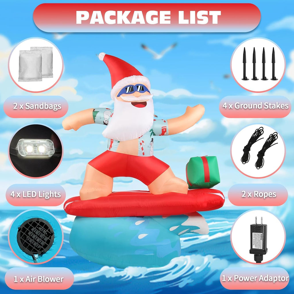Christmas Santa Inflatable Decorations Outdoor 6.5FT Beach Surfing Hawaiian Tropical Blowups with Build-in LEDs Blow