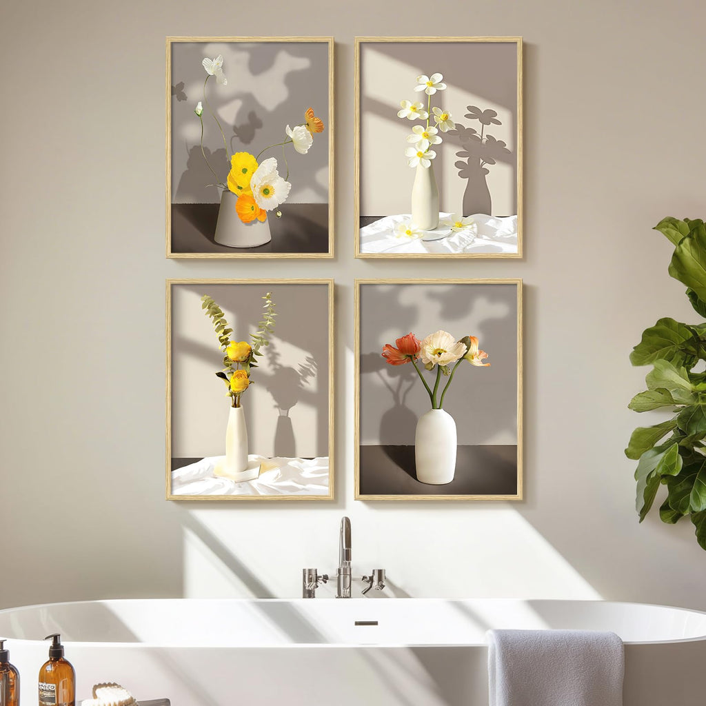 Framed Botanical Floral Wall Art, 4 Piece Yellow Flower Canvas Painting Prints Artwork for Walls, Modern Elegant