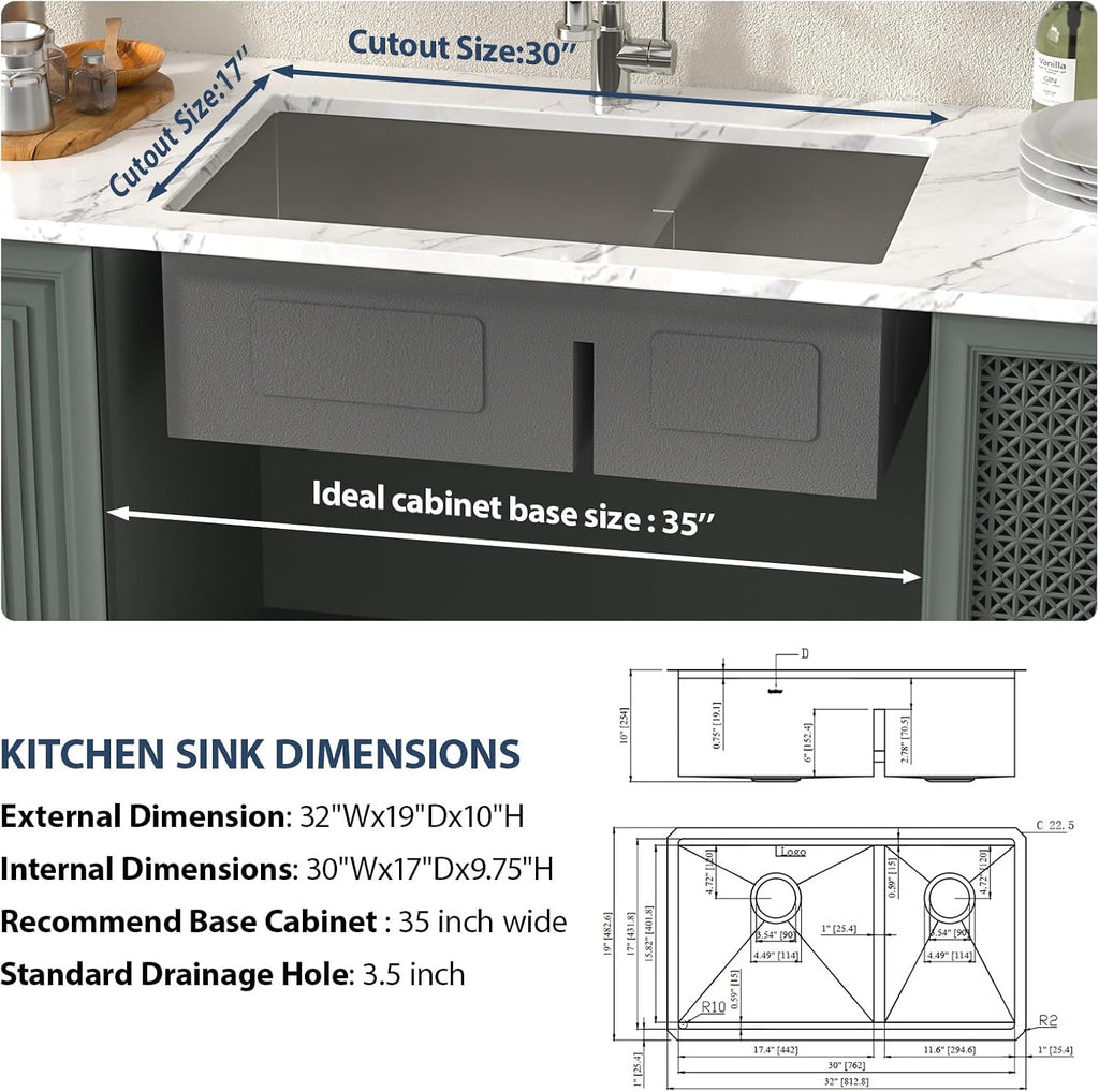 32 Inch Undermount Double Bowl Kitchen Sink 16 Gauge Stainless Steel with Smart Low Divider 32x19 Inch Double Bas