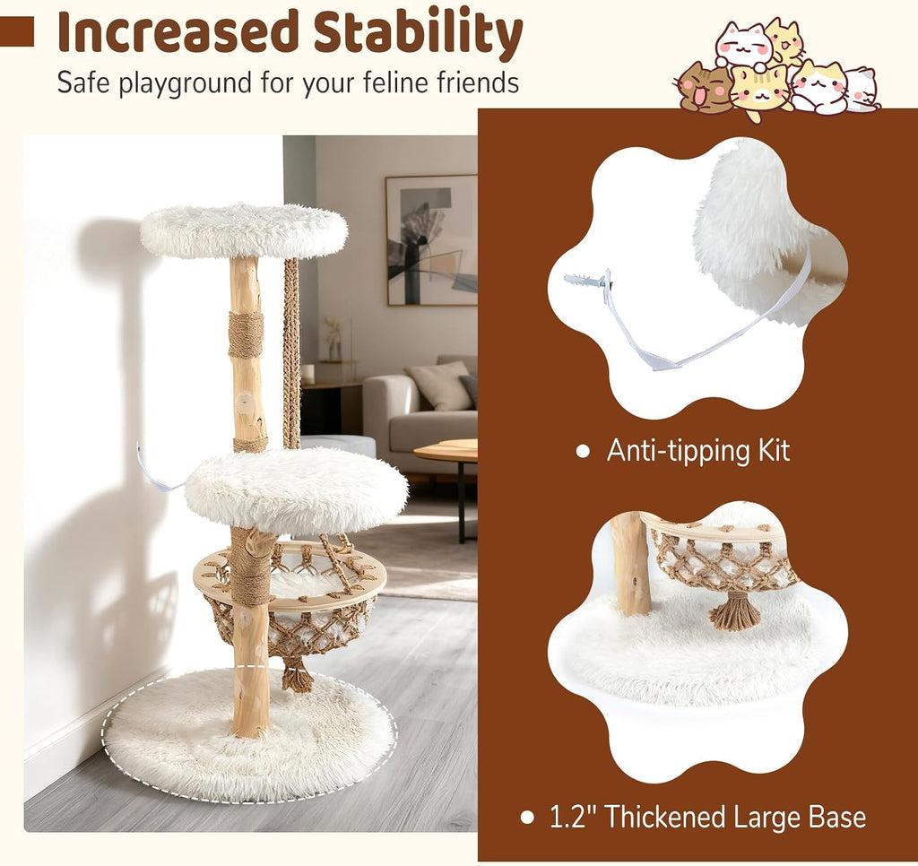 48.5-inch Wood Cat Tree, Multi-Level White Modern Wooden Cat Tower
