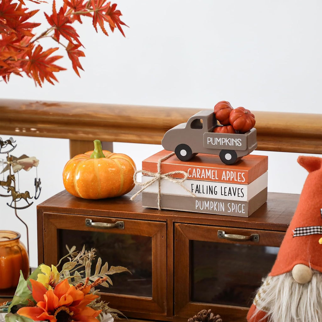 Fall Table Decor Tiered Tray Decor, Wooden Fall Signs with Book Stack - Set of 4