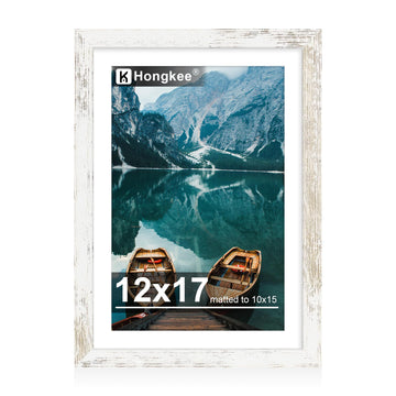 12x17 Picture Frame, Distressed White Wood Style, 10x15 Mat, 1 Pack