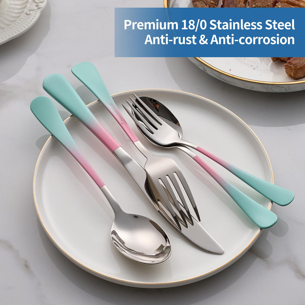 20-Piece pink & green Silverware Set, 18/0 Stainless Steel Colorful Handle Flatware Set, Service for 4, Modern Cutlery