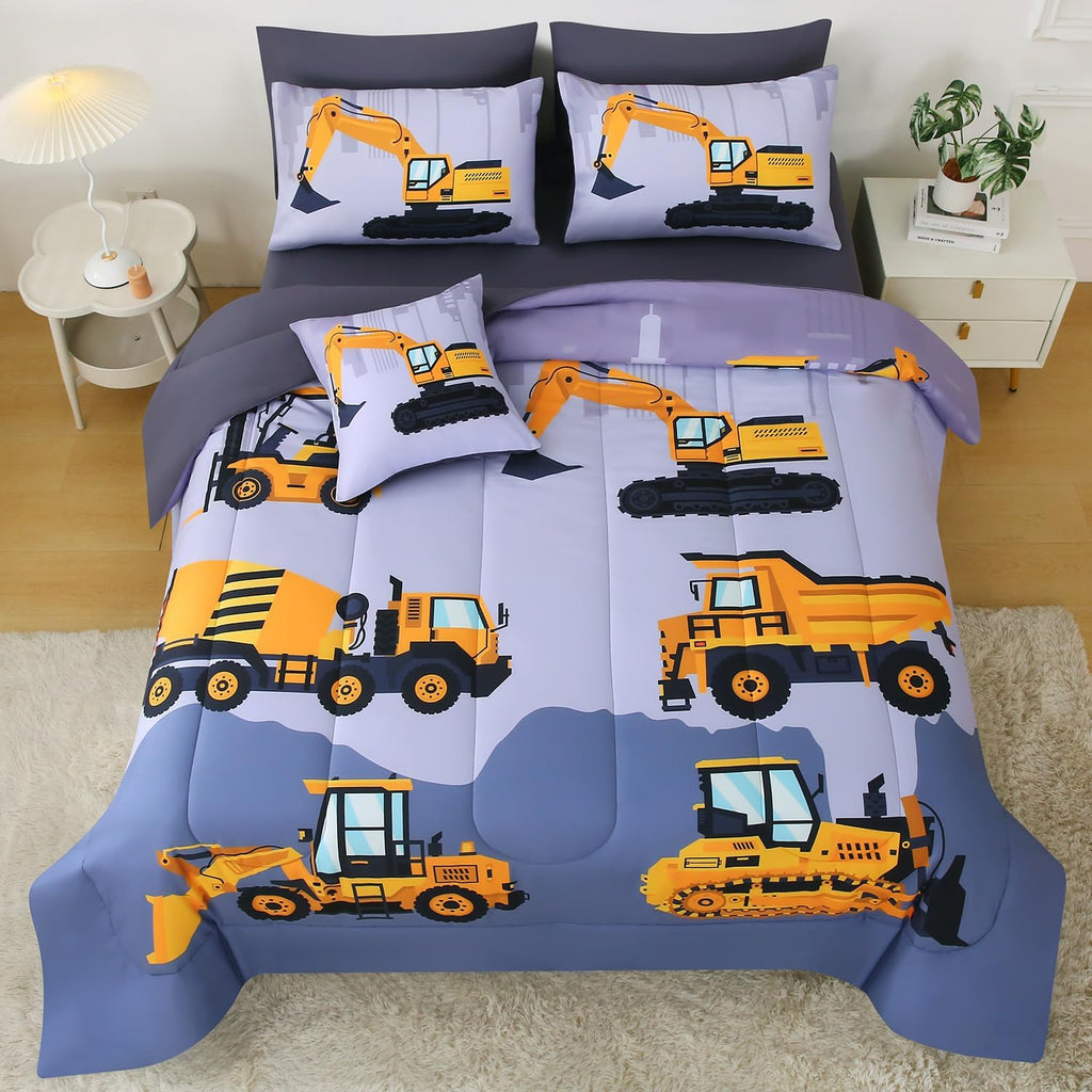 Construction Twin Bedding Sets for Boys Kids,6 Piece Bed in A Bag 3D Cartoon Car Excavator Tractor Comforter Set with Sheet Set,Trucks Cars