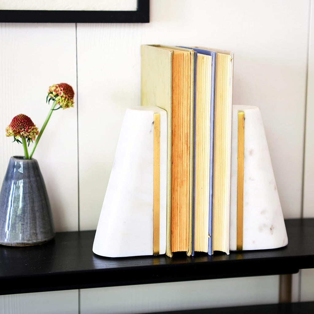 Geometric Marble Bookends with Brass Inlay, White
