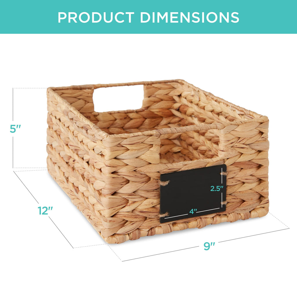 Set of 4 9x12in Water Hyacinth Pantry Baskets, Woven Organizers w/Chalkboard Label, Chalk Marker - Natural