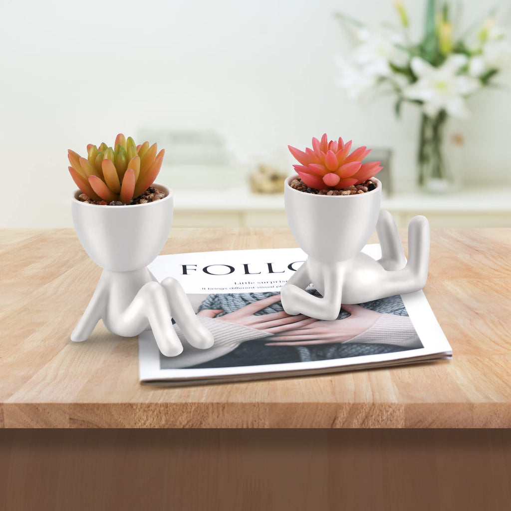 Fake Succulent, Mini Succulents Plants Artificial in White Modern Human Shaped Ceramic Pots Cute Pink Succulent Decor