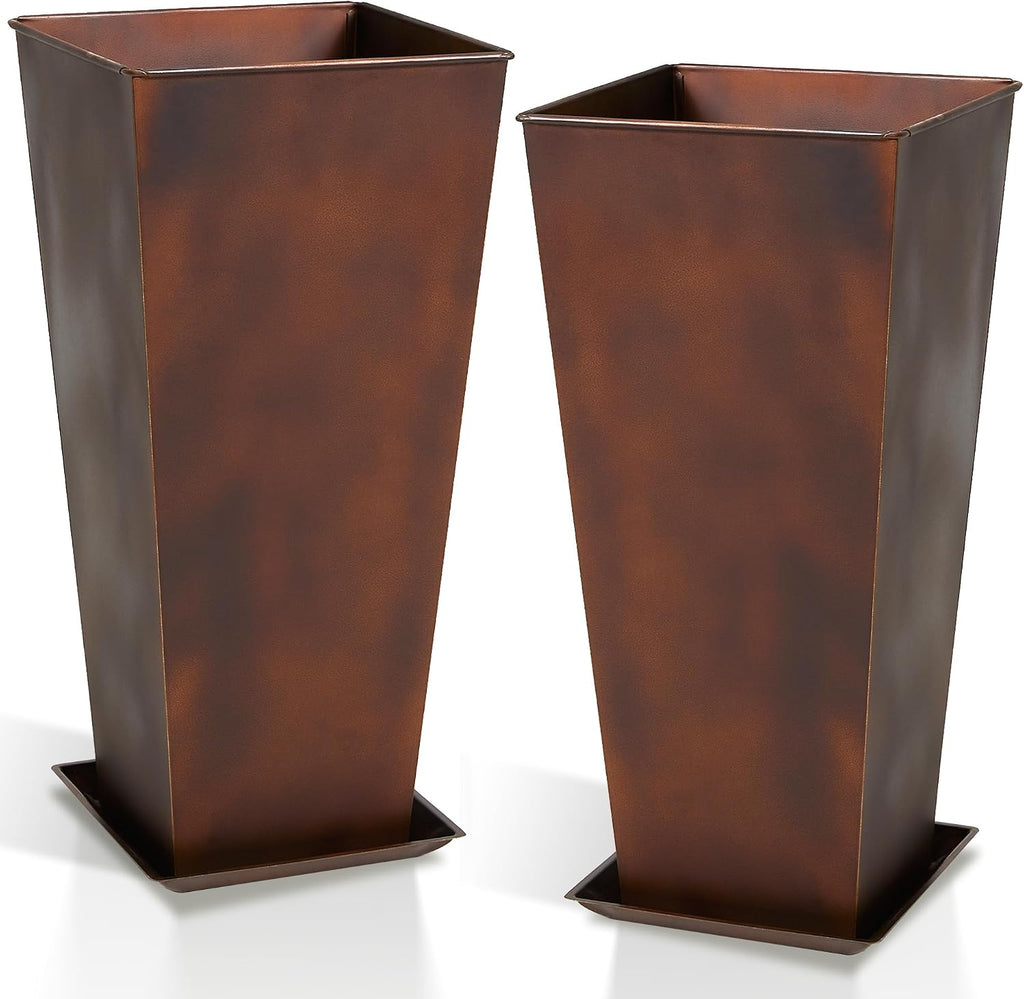 12" Dia x 28" H Large Metal Planter Set of 2, Matte Bronze Retro Finish Tall Square Tapered Steel Plant Pots, Decor